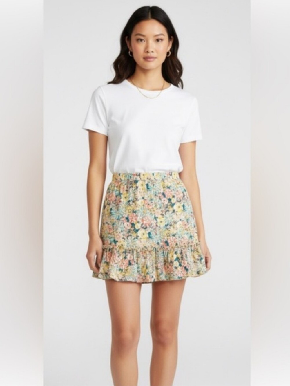 Solitaire Floral Ruffle Mini Skirt - White Multi Cottagecore Prarie Boho Size M